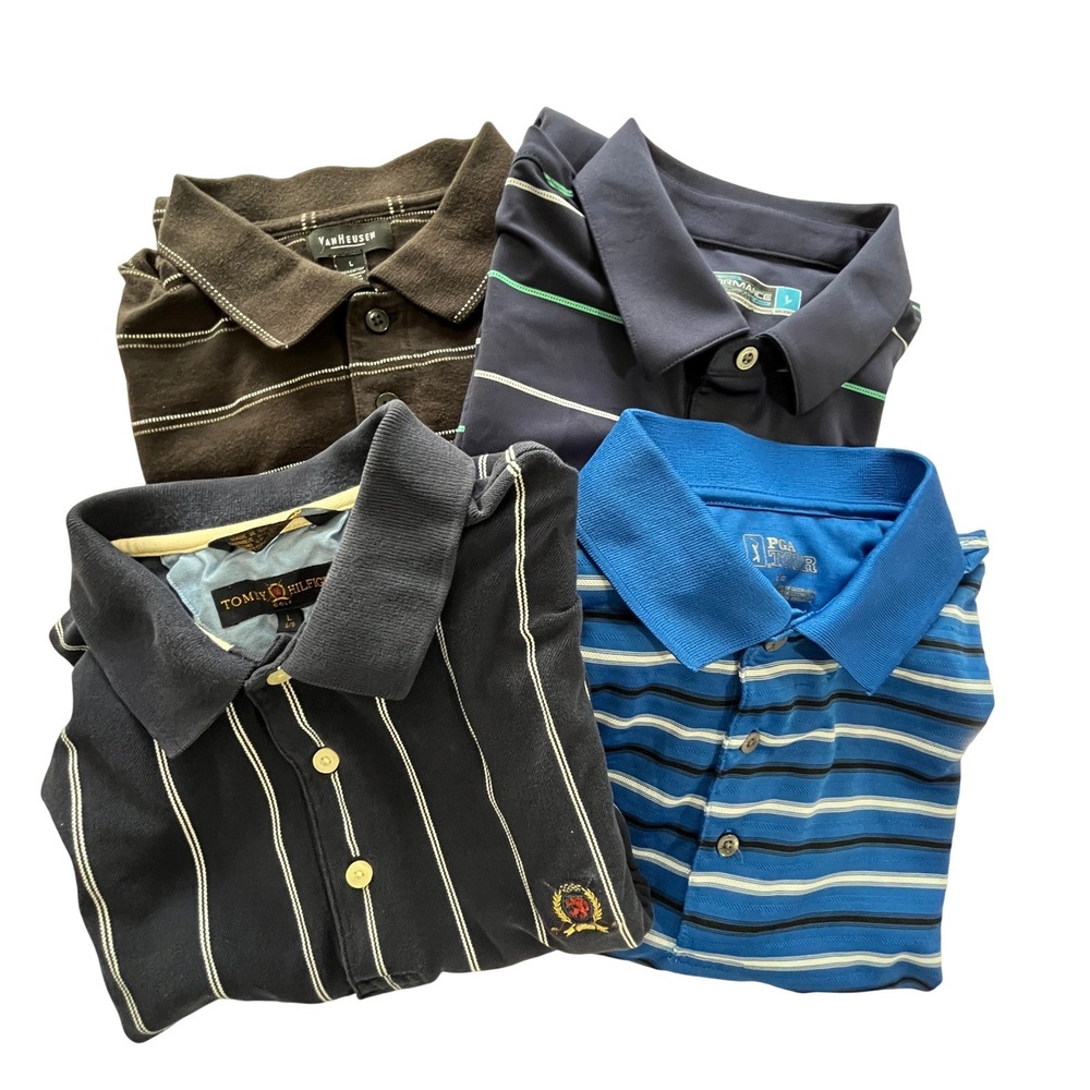 Mens Polo Shirt Bundle Lot of 4 Large Tommy Hilfiger Van Heusen PGA Tour Striped